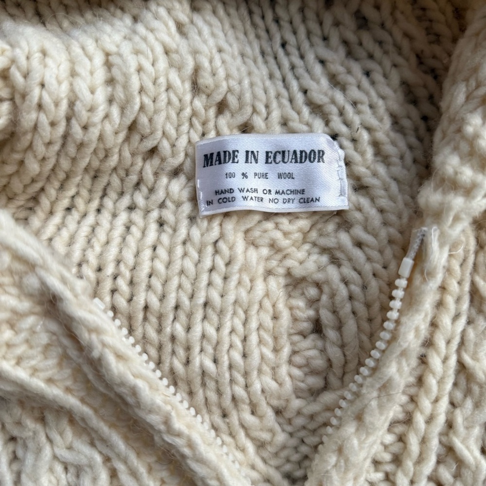 HandKnit Fisherman Cable Knit Wool Hoodied Zip Cardigan Sweater White M / OS - Picture 4 of 7